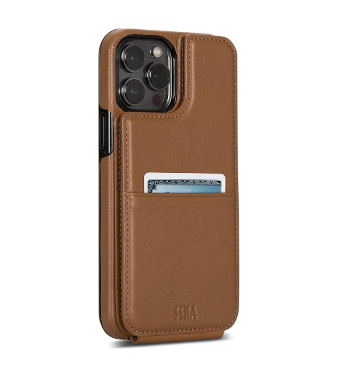 SENA Wallet Skin, Durable Quality Leather Bifold Card Slots Wallet Case for iPhone 13 Mini, Brown