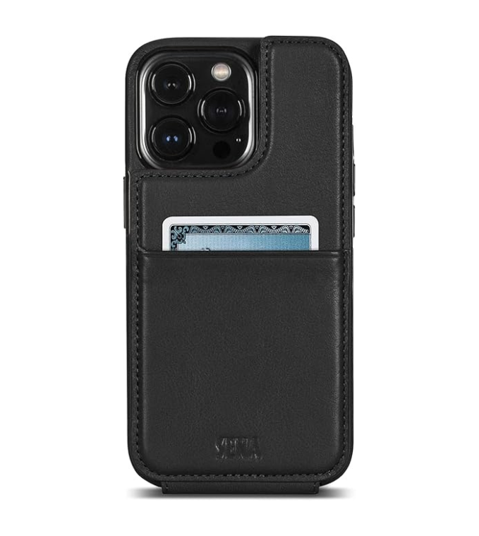 SENA Wallet Skin, Durable Quality Leather Bifold Card Slots Wallet Case for iPhone 13 Pro Max (Black)