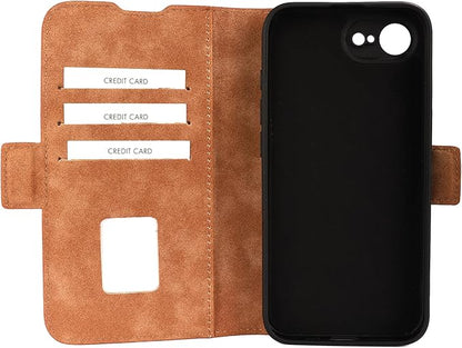 Genuine Pebbled Leather Wallet Book Case Compatible with iPhone 16e, iPhone 17e (6.1")