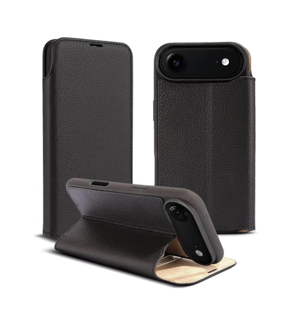 for iPhone 17 Air (6.5") Genuine Pebbled Leather Book Case with Card Holder and Stand - Magnetic Flip Cover, Black