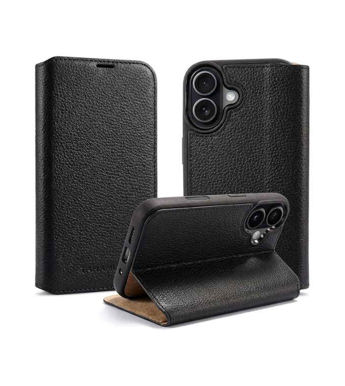 for iPhone 17 (6.3") Genuine Pebbled Leather Book Case with Card Holder and Stand - Magnetic Flip Cover, Black