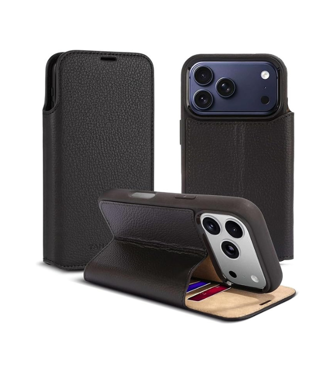 for iPhone 17 Pro (6.3") Genuine Pebbled Leather Book Case with Card Holder and Stand - Magnetic Flip Cover, Black