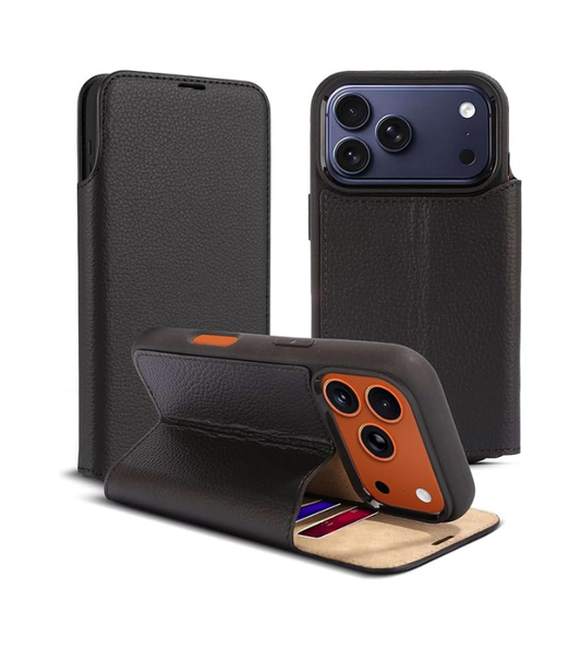 for iPhone 17 Pro Max (6.9") Genuine Pebbled Leather Book Case with Card Holder and Stand - Magnetic Flip Cover, Black