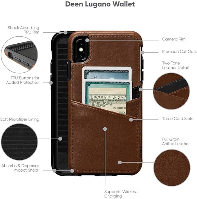 Sena Deen Lugano Leather Snap On Wallet Cell Phone Case for iPhone XS Max - Wireless Charging Compatible, Black,Saddle