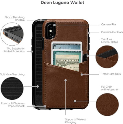 Sena Deen Lugano Leather Snap On Wallet Cell Phone Case for iPhone XS Max - Wireless Charging Compatible, Black,Saddle