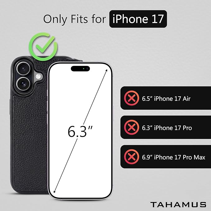 for iPhone 17 (6.3") Genuine Pebbled Leather Book Case with Card Holder and Stand - Magnetic Flip Cover, Black