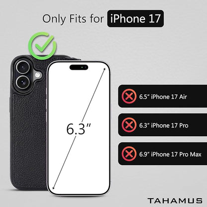 for iPhone 17 (6.3") Genuine Pebbled Leather Book Case with Card Holder and Stand - Magnetic Flip Cover, Black