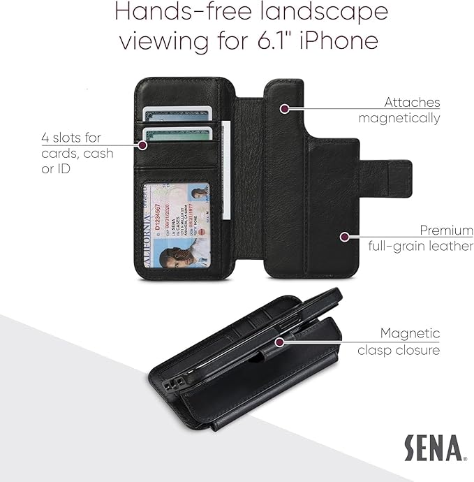 SENA Wallet Book Case, Leather Book Style Folio Wallet with Kickstand & Card Slots for iPhone 14/ 14 Pro