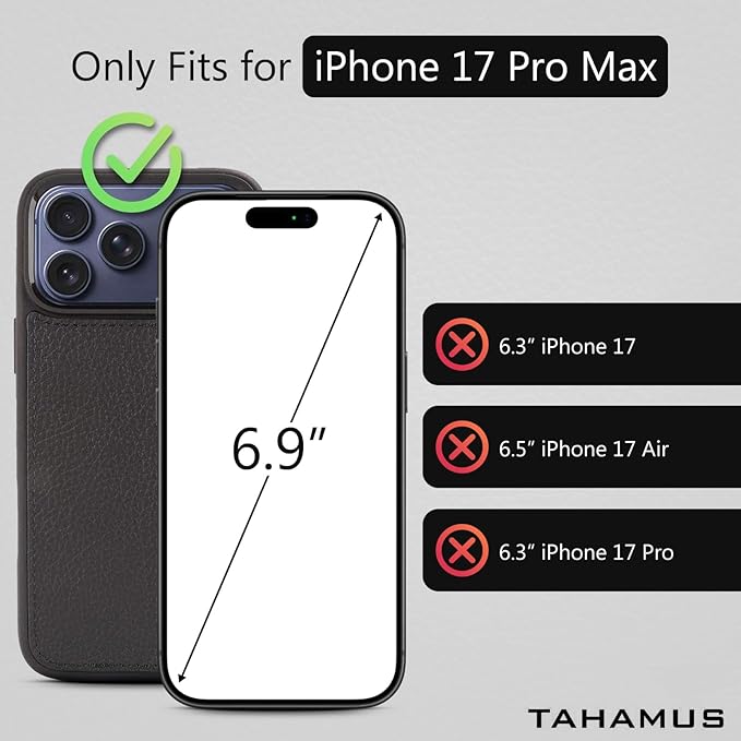 for iPhone 17 Pro Max (6.9") Genuine Pebbled Leather Book Case with Card Holder and Stand - Magnetic Flip Cover, Black
