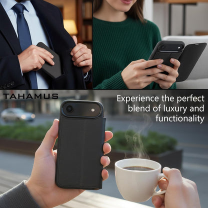 for iPhone 17 Air (6.5") Genuine Pebbled Leather Book Case with Card Holder and Stand - Magnetic Flip Cover, Black