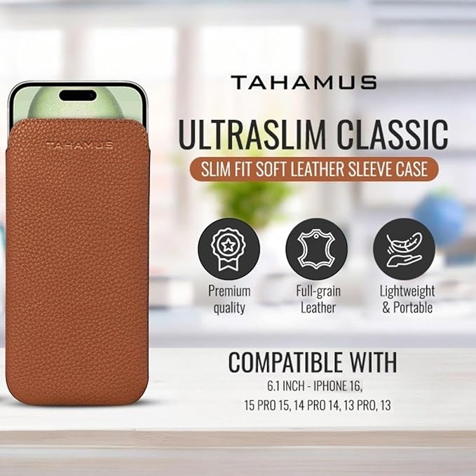 UltraSlim Classic Slim Fit Soft Leather Sleeve Case, Compatible with iPhone 15 Pro, 15, 14 Pro, 14, 13 Pro, 13 (Tan, 6.1 Inches)