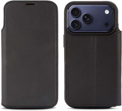 for iPhone 17 Pro (6.3") Genuine Pebbled Leather Book Case with Card Holder and Stand - Magnetic Flip Cover, Black