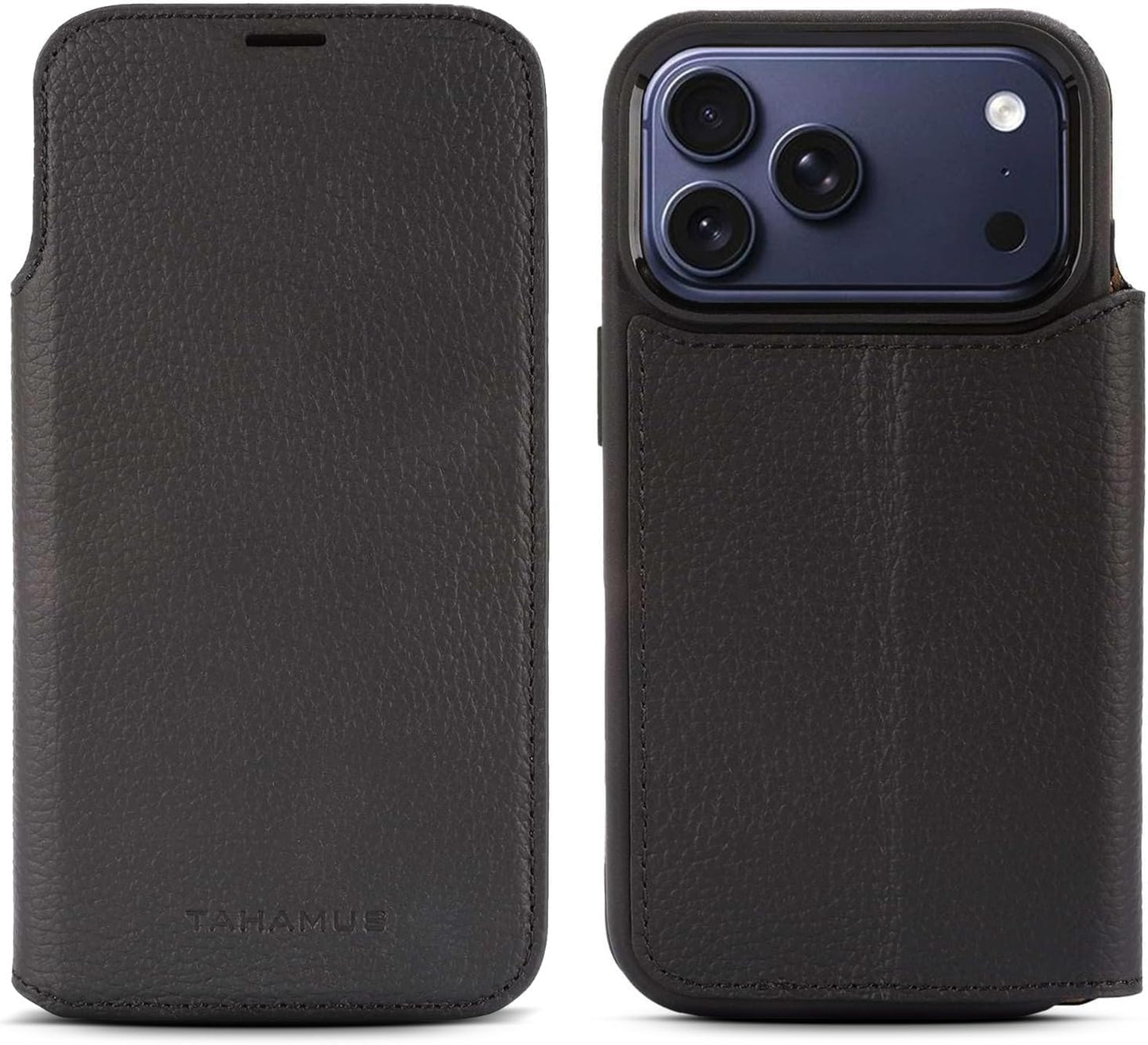 for iPhone 17 Pro Max (6.9") Genuine Pebbled Leather Book Case with Card Holder and Stand - Magnetic Flip Cover, Black