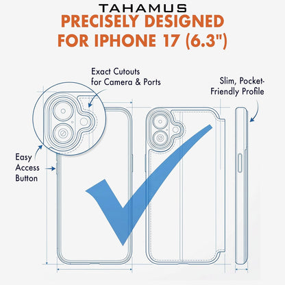 for iPhone 17 (6.3") Genuine Pebbled Leather Book Case with Card Holder and Stand - Magnetic Flip Cover, Black