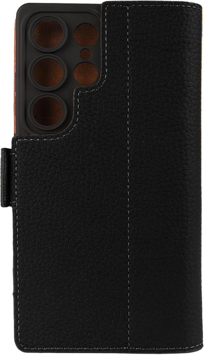 Genuine Pebbled Leather Wallet Book Case Compatible with Samsung Galaxy S25 Ultra (6.9") Black