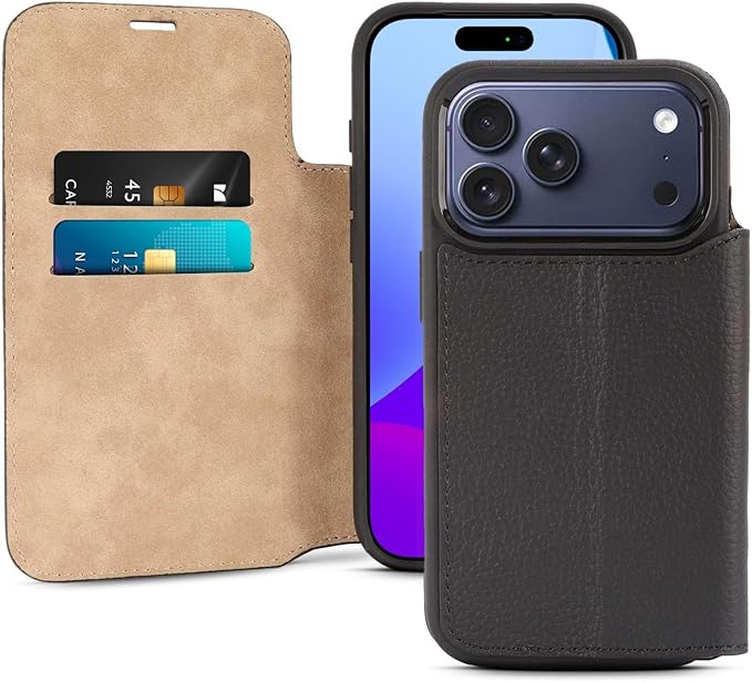 for iPhone 17 Pro (6.3") Genuine Pebbled Leather Book Case with Card Holder and Stand - Magnetic Flip Cover, Black