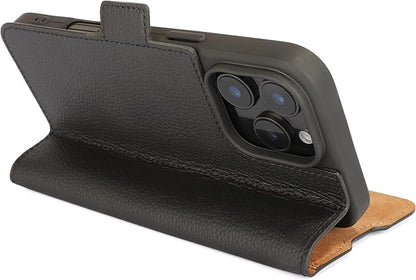 Genuine Pebbled Leather Wallet Book Case Compatible with iPhone 16 Pro Max (6.9")