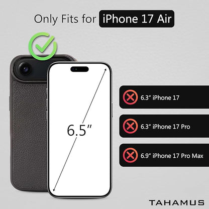 for iPhone 17 Air (6.5") Genuine Pebbled Leather Book Case with Card Holder and Stand - Magnetic Flip Cover, Black