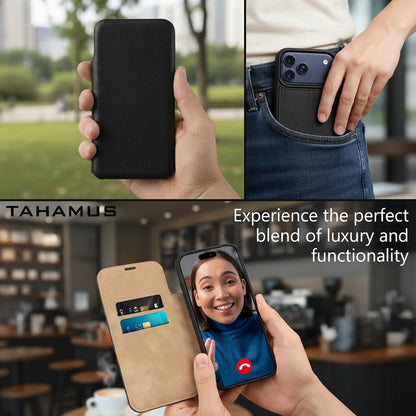 for iPhone 17 Pro (6.3") Genuine Pebbled Leather Book Case with Card Holder and Stand - Magnetic Flip Cover, Black