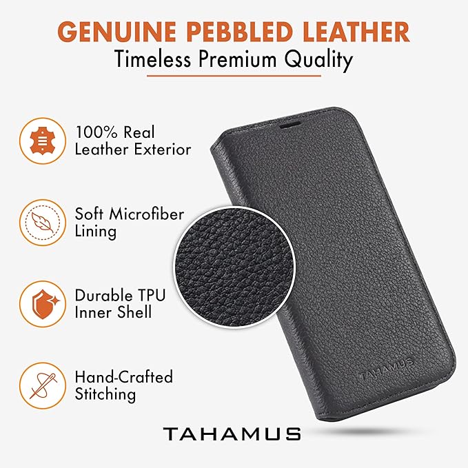for iPhone 17 Air (6.5") Genuine Pebbled Leather Book Case with Card Holder and Stand - Magnetic Flip Cover, Black