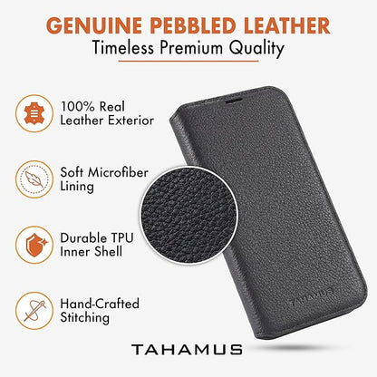 for iPhone 17 Air (6.5") Genuine Pebbled Leather Book Case with Card Holder and Stand - Magnetic Flip Cover, Black