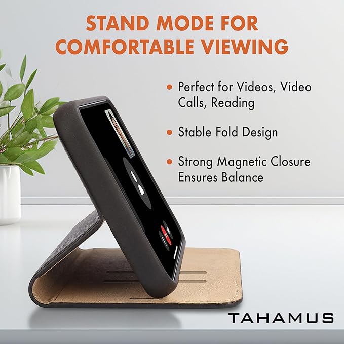 for iPhone 17 Air (6.5") Genuine Pebbled Leather Book Case with Card Holder and Stand - Magnetic Flip Cover, Black