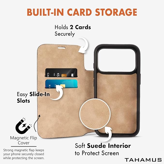 for iPhone 17 Pro Max (6.9") Genuine Pebbled Leather Book Case with Card Holder and Stand - Magnetic Flip Cover, Black