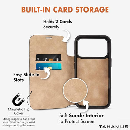 for iPhone 17 Pro Max (6.9") Genuine Pebbled Leather Book Case with Card Holder and Stand - Magnetic Flip Cover, Black