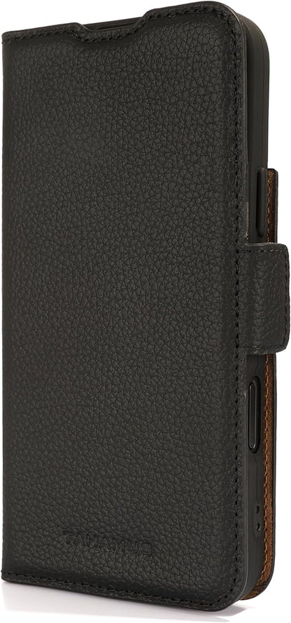 Genuine Pebbled Leather Wallet Book Case Compatible with iPhone 16 Pro Max (6.9")