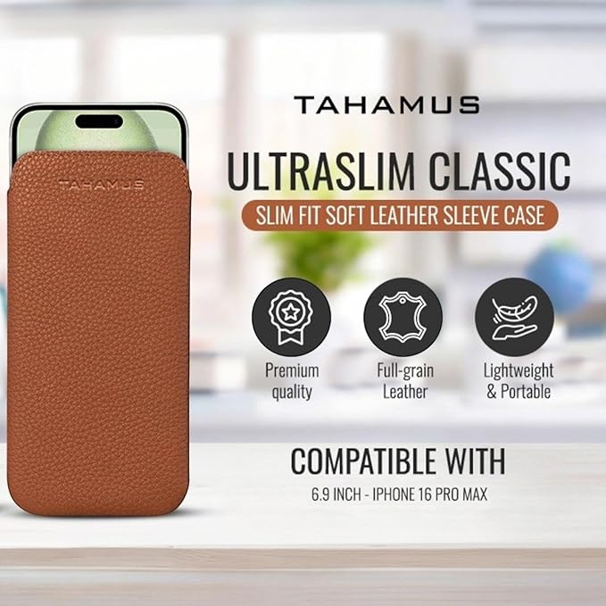 UltraSlim Classic Slim Fit Soft Leather Sleeve Case, Compatible with iPhone 16, Plus, Pro, Pro Max (Black, Tan)