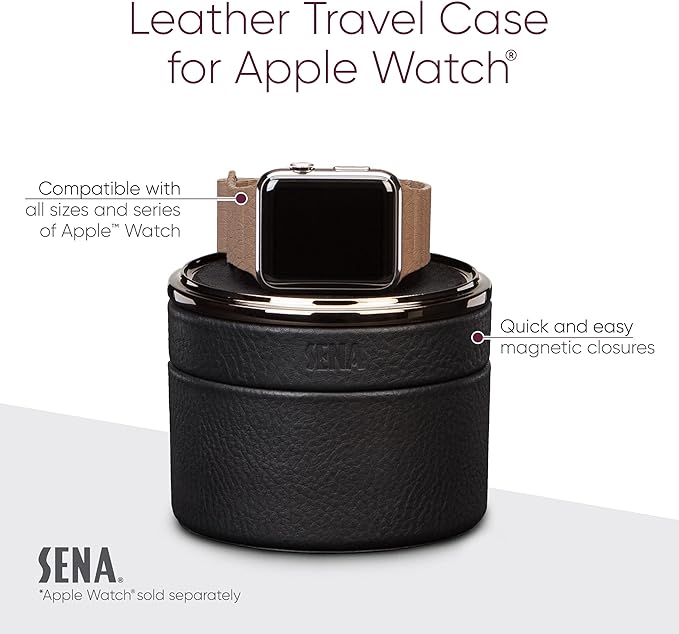 Sena Leather Travel Watch Case for Apple Watch Series 1,2,3,4,5,6,7,8,9 and SE, Converts from Travel Case to Charging Stand, not fit Watch Ultra/Ultra 2,