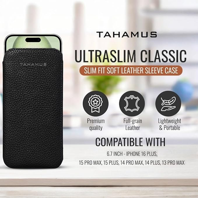 UltraSlim Classic Slim Fit Soft Leather Sleeve Case, Compatible with iPhone 15 Pro Max, 15 Plus, 14 Pro Max, 14 Plus, 13 Pro Max (6.7 Inches)