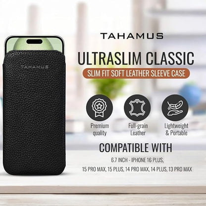 UltraSlim Classic Slim Fit Soft Leather Sleeve Case, Compatible with iPhone 15 Pro Max, 15 Plus, 14 Pro Max, 14 Plus, 13 Pro Max (6.7 Inches)