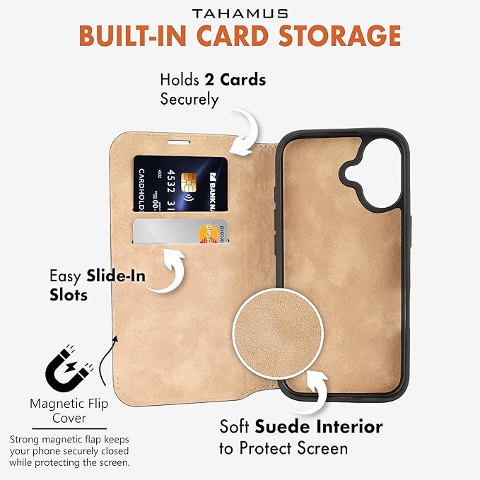 for iPhone 17 (6.3") Genuine Pebbled Leather Book Case with Card Holder and Stand - Magnetic Flip Cover, Black