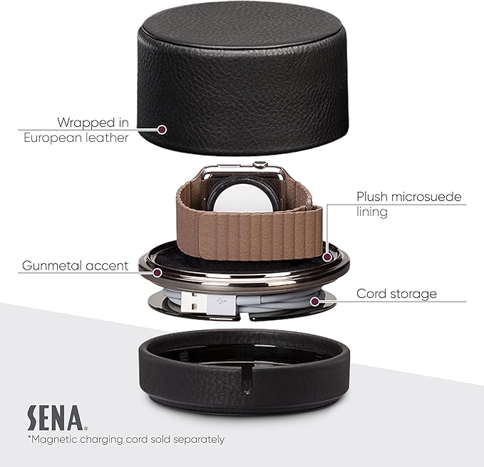 Sena Leather Travel Watch Case for Apple Watch Series 1,2,3,4,5,6,7,8,9 and SE, Converts from Travel Case to Charging Stand, not fit Watch Ultra/Ultra 2,