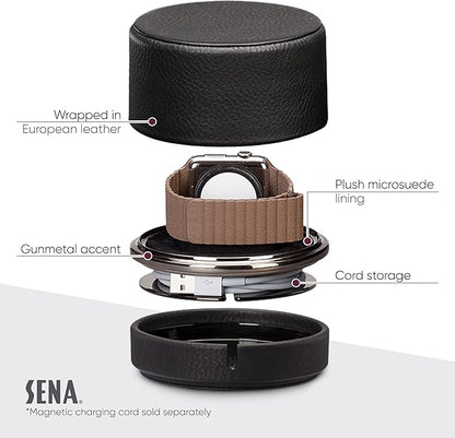 Sena Leather Travel Watch Case for Apple Watch Series 1,2,3,4,5,6,7,8,9 and SE, Converts from Travel Case to Charging Stand, not fit Watch Ultra/Ultra 2,