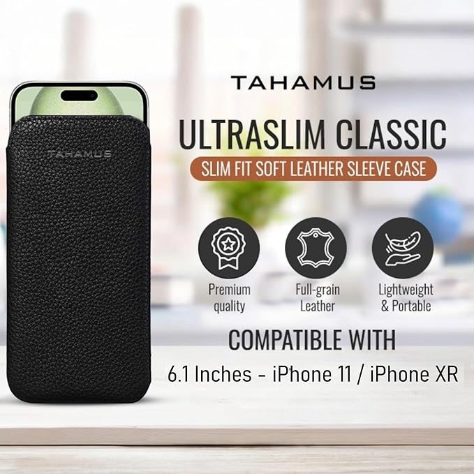 UltraSlim Classic Slim Fit Soft Leather Sleeve Case, Compatible with iPhone 11 / iPhone XR (Black, 11/XR)