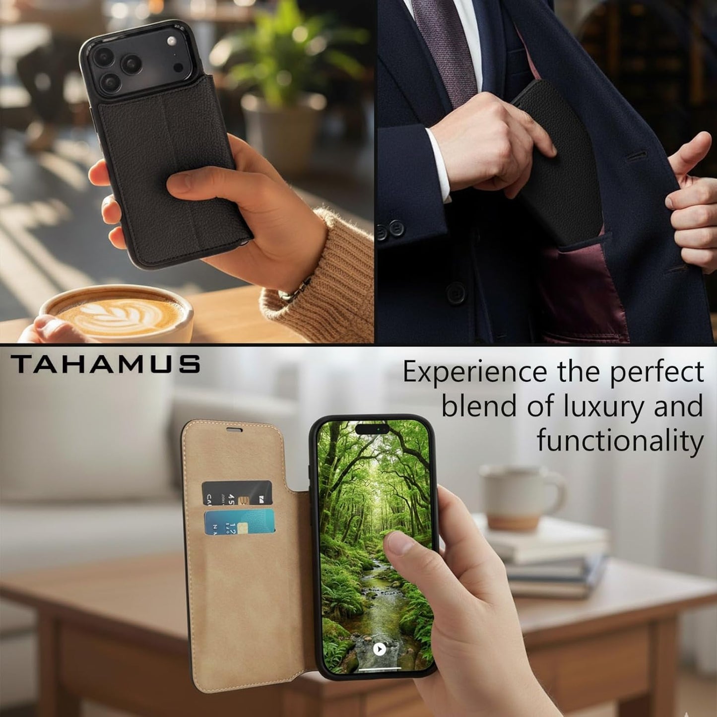 for iPhone 17 Pro Max (6.9") Genuine Pebbled Leather Book Case with Card Holder and Stand - Magnetic Flip Cover, Black