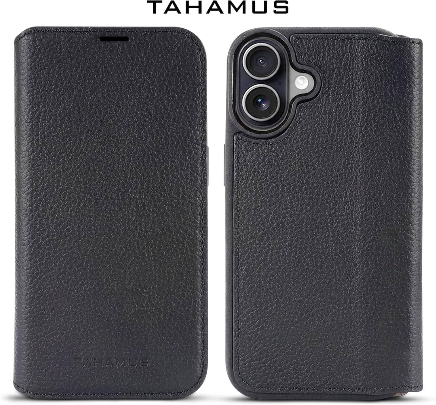 for iPhone 17 (6.3") Genuine Pebbled Leather Book Case with Card Holder and Stand - Magnetic Flip Cover, Black