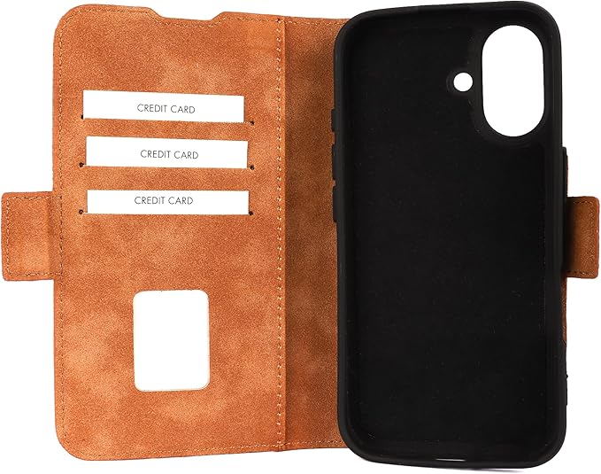 Genuine Pebbled Leather Wallet Book Case Compatible with iPhone 16 (6.1")