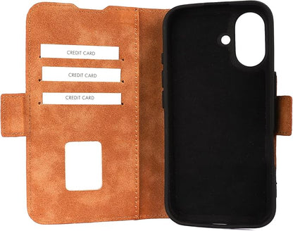 Genuine Pebbled Leather Wallet Book Case Compatible with iPhone 16 (6.1")