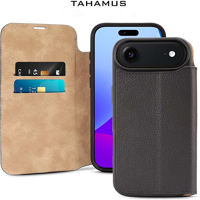 for iPhone 17 Air (6.5") Genuine Pebbled Leather Book Case with Card Holder and Stand - Magnetic Flip Cover, Black