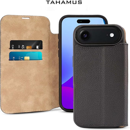 for iPhone 17 Air (6.5") Genuine Pebbled Leather Book Case with Card Holder and Stand - Magnetic Flip Cover, Black