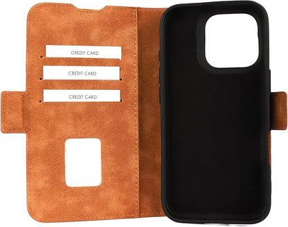 Genuine Pebbled Leather Wallet Book Case Compatible with iPhone 16 Pro (6.3")
