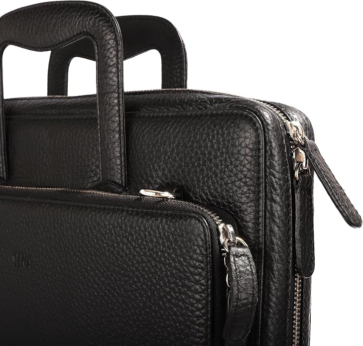SENA Genuine Leather Messenger Bag Shoulder Briefcase (15 inches - Pebble Black)