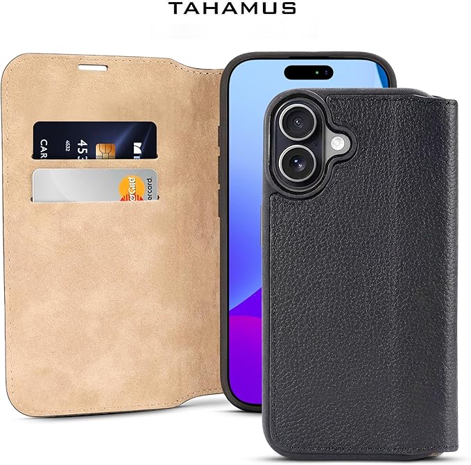 for iPhone 17 (6.3") Genuine Pebbled Leather Book Case with Card Holder and Stand - Magnetic Flip Cover, Black