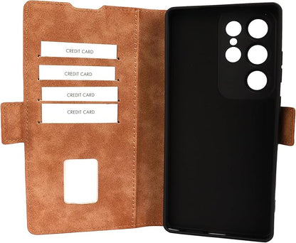 Genuine Pebbled Leather Wallet Book Case Compatible with Samsung Galaxy S25 Ultra (6.9") Black