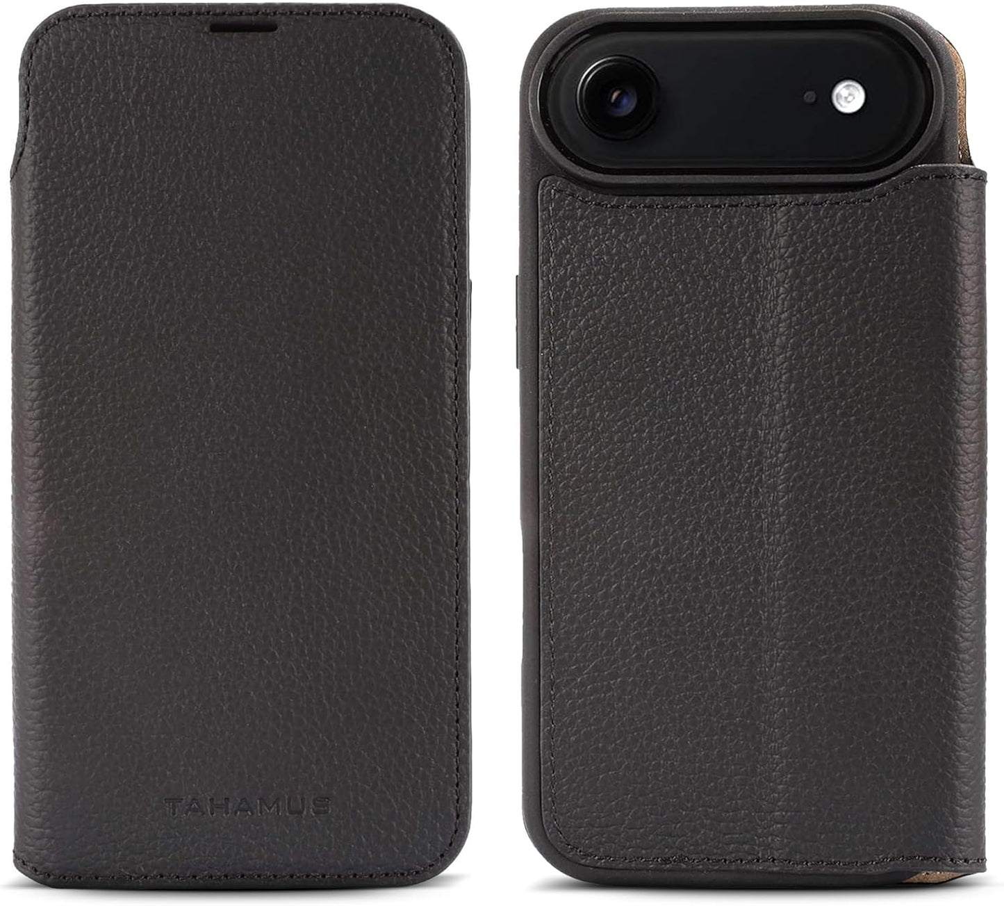 for iPhone 17 Air (6.5") Genuine Pebbled Leather Book Case with Card Holder and Stand - Magnetic Flip Cover, Black