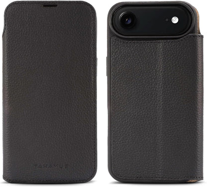 for iPhone 17 Air (6.5") Genuine Pebbled Leather Book Case with Card Holder and Stand - Magnetic Flip Cover, Black