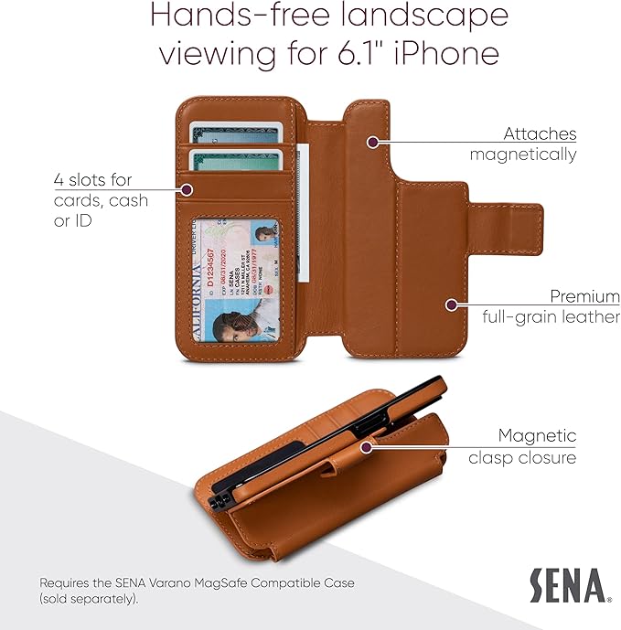 SENA Wallet Wrap with Card Holder Men Women Full Grain Leather Cover for iPhone 14/14 Pro 6.1" iPhone Case with Shockproof TPU Protection iPhone 14/14 Pro Case